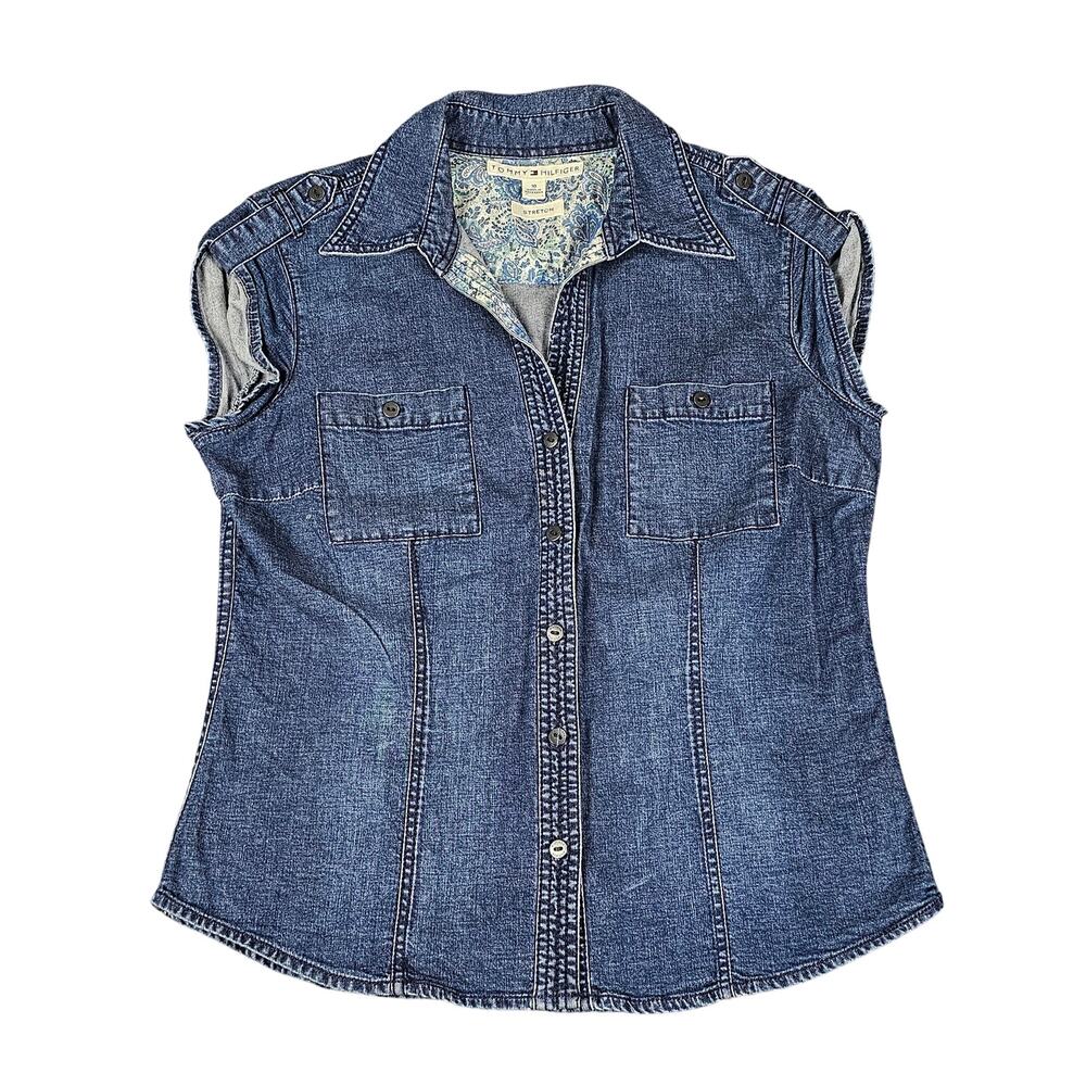 Tommy Hilfiger denim top sz10 sleeveless stretch tailored button up western 90s